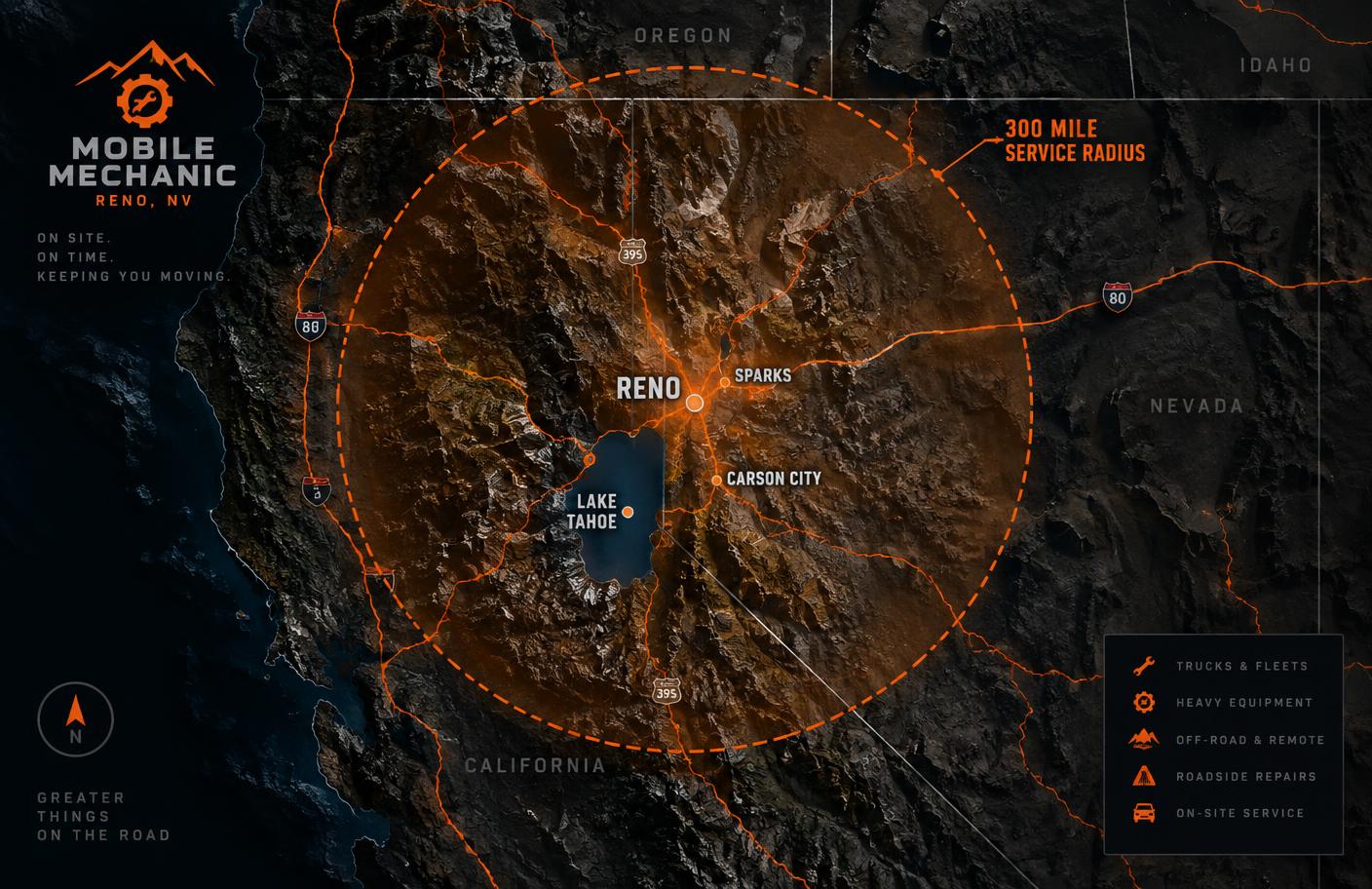 Map showing Reno, Sparks, Lake Tahoe, and a 300-mile mobile mechanic service radius